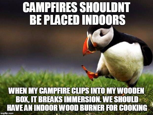 Unpopular Opinion Puffin Meme | CAMPFIRES SHOULDNT BE PLACED INDOORS; WHEN MY CAMPFIRE CLIPS INTO MY WOODEN BOX, IT BREAKS IMMERSION. WE SHOULD HAVE AN INDOOR WOOD BURNER FOR COOKING | image tagged in memes,unpopular opinion puffin | made w/ Imgflip meme maker