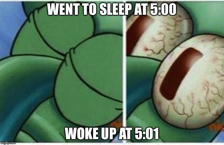 Squid ward | WENT TO SLEEP AT 5:00; WOKE UP AT 5:01 | image tagged in squid ward | made w/ Imgflip meme maker