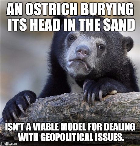 Confession Bear Meme | AN OSTRICH BURYING ITS HEAD IN THE SAND; ISN'T A VIABLE MODEL FOR DEALING WITH GEOPOLITICAL ISSUES. | image tagged in memes,confession bear | made w/ Imgflip meme maker