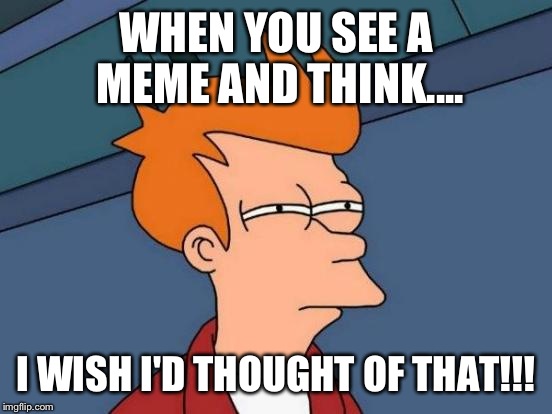 Futurama Fry | WHEN YOU SEE A MEME AND THINK.... I WISH I'D THOUGHT OF THAT!!! | image tagged in memes,futurama fry | made w/ Imgflip meme maker