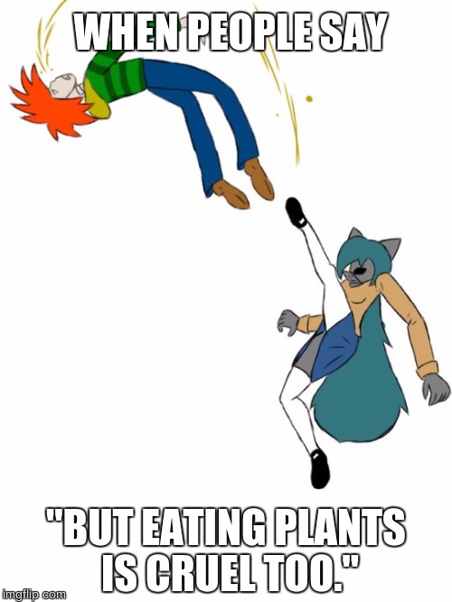 WHEN PEOPLE SAY; "BUT EATING PLANTS IS CRUEL TOO." | image tagged in desria,kick | made w/ Imgflip meme maker