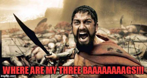 Sparta Leonidas Meme | WHERE ARE MY THREE BAAAAAAAAGS!!! | image tagged in memes,sparta leonidas | made w/ Imgflip meme maker