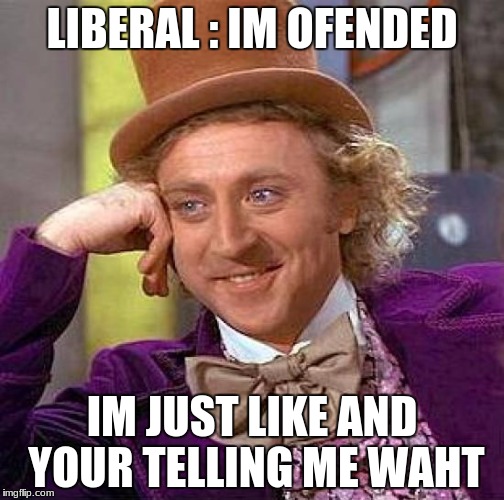Creepy Condescending Wonka | LIBERAL : IM OFENDED; IM JUST LIKE AND YOUR TELLING ME WAHT | image tagged in memes,creepy condescending wonka | made w/ Imgflip meme maker