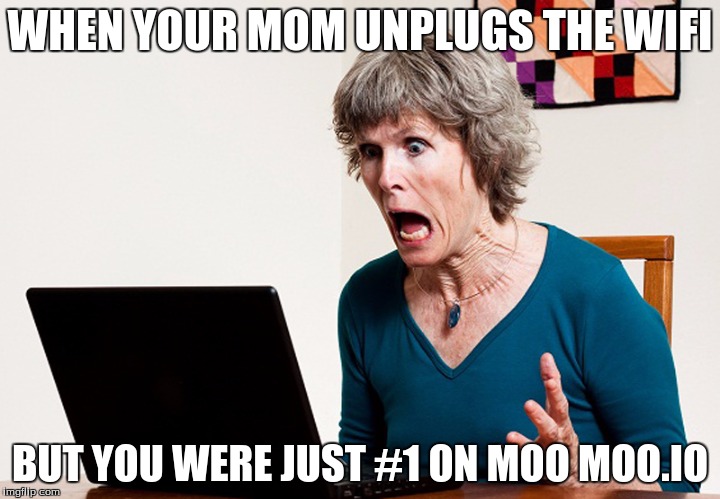 Mom frustrated at laptop | WHEN YOUR MOM UNPLUGS THE WIFI; BUT YOU WERE JUST #1 ON MOO MOO.IO | image tagged in mom frustrated at laptop | made w/ Imgflip meme maker