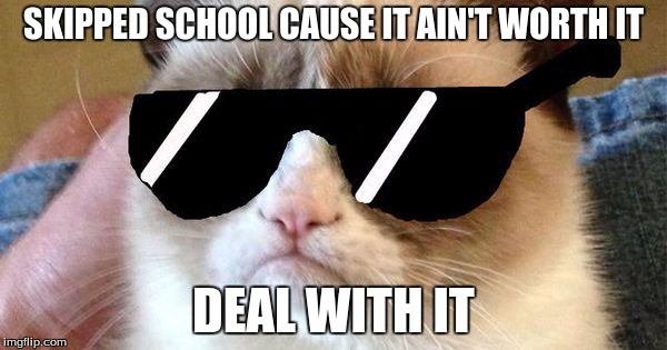 Grumy Cat Deal With It | SKIPPED SCHOOL CAUSE IT AIN'T WORTH IT; DEAL WITH IT | image tagged in grumy cat deal with it | made w/ Imgflip meme maker