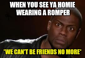 Kevin Hart Meme | WHEN YOU SEE YA HOMIE WEARING A ROMPER; *WE CAN'T BE FRIENDS NO MORE* | image tagged in memes,kevin hart the hell | made w/ Imgflip meme maker
