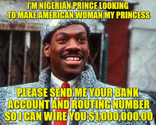  I'M NIGERIAN PRINCE LOOKING TO MAKE AMERICAN WOMAN MY PRINCESS; PLEASE SEND ME YOUR BANK ACCOUNT AND ROUTING NUMBER SO I CAN WIRE YOU $1,000,000.00 | image tagged in memes,funny,nigerian prince,internet scam | made w/ Imgflip meme maker
