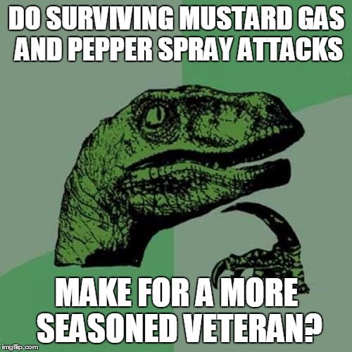 Relishing Veterans -- Philosopher Week - A NemoNeem1221 Event - May 15-21 |  DO SURVIVING MUSTARD GAS AND PEPPER SPRAY ATTACKS; MAKE FOR A MORE SEASONED VETERAN? | image tagged in memes,philosoraptor | made w/ Imgflip meme maker