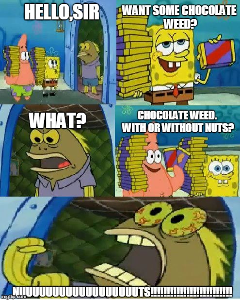 Chocolate Spongebob | WANT SOME CHOCOLATE WEED? HELLO,SIR; WHAT? CHOCOLATE WEED. WITH OR WITHOUT NUTS? NUUUUUUUUUUUUUUUUUUTS!!!!!!!!!!!!!!!!!!!!!!!!! | image tagged in memes,chocolate spongebob | made w/ Imgflip meme maker