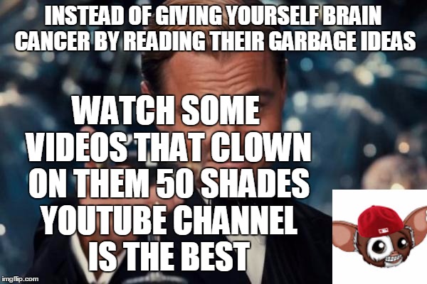 Leonardo Dicaprio Cheers Meme | INSTEAD OF GIVING YOURSELF BRAIN CANCER BY READING THEIR GARBAGE IDEAS WATCH SOME VIDEOS THAT CLOWN ON THEM 50 SHADES YOUTUBE CHANNEL IS THE | image tagged in memes,leonardo dicaprio cheers | made w/ Imgflip meme maker