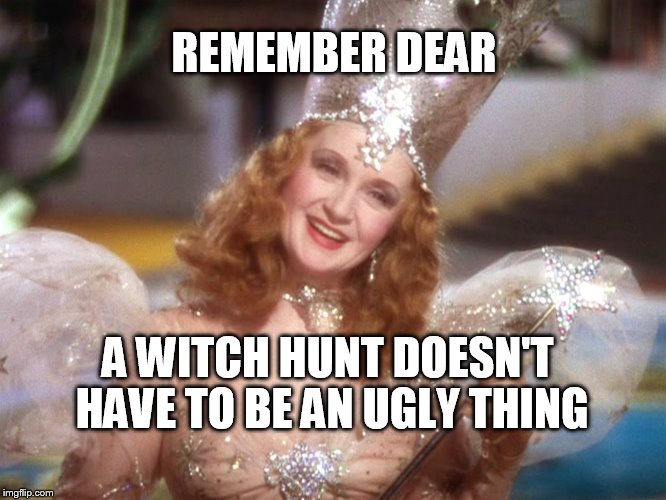 wear something nice | REMEMBER DEAR; A WITCH HUNT DOESN'T HAVE TO BE AN UGLY THING | image tagged in glinda good witch wizard of oz,dumptrump,dump trump,impeach trump | made w/ Imgflip meme maker