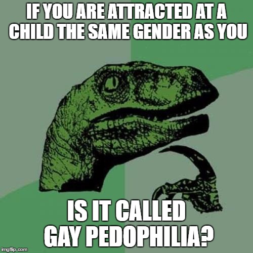 Philosoraptor Meme | IF YOU ARE ATTRACTED AT A CHILD THE SAME GENDER AS YOU; IS IT CALLED GAY PEDOPHILIA? | image tagged in memes,philosoraptor | made w/ Imgflip meme maker