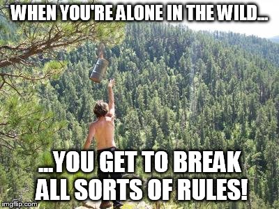 WHEN YOU'RE ALONE IN THE WILD... ...YOU GET TO BREAK ALL SORTS OF RULES! | image tagged in when you're alone in the wild | made w/ Imgflip meme maker