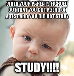 Skeptical Baby | WHEN YOUR PARENTS FIGRUED OUT THAT YOU GOT A ZERO ON A TEST AND YOU DID NOT STUDY; STUDY!!!! | image tagged in memes,skeptical baby | made w/ Imgflip meme maker