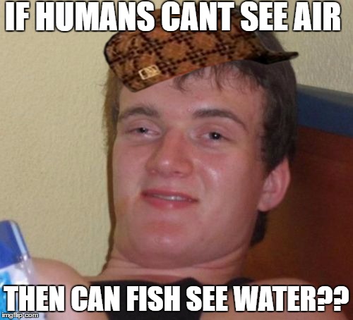 10 Guy Meme | IF HUMANS CANT SEE AIR; THEN CAN FISH SEE WATER?? | image tagged in memes,10 guy,scumbag | made w/ Imgflip meme maker