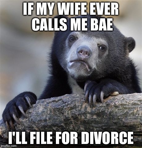 Confession Bear Meme | IF MY WIFE EVER CALLS ME BAE I'LL FILE FOR DIVORCE | image tagged in memes,confession bear | made w/ Imgflip meme maker