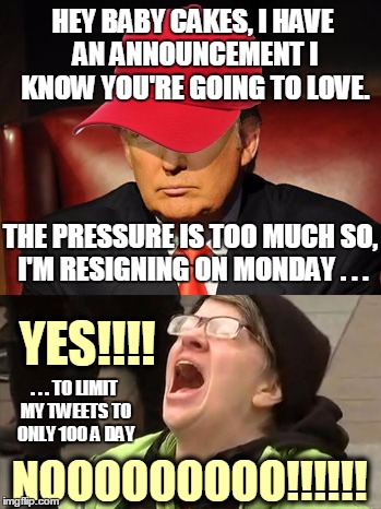 Tormentor in Chief | HEY BABY CAKES, I HAVE AN ANNOUNCEMENT I KNOW YOU'RE GOING TO LOVE. THE PRESSURE IS TOO MUCH SO, I'M RESIGNING ON MONDAY . . . YES!!!! . . . TO LIMIT MY TWEETS TO ONLY 100 A DAY; NOOOOOOOOO!!!!!! | image tagged in trump hat no | made w/ Imgflip meme maker