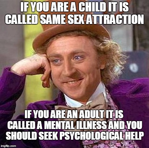 Creepy Condescending Wonka Meme | IF YOU ARE A CHILD IT IS CALLED SAME SEX ATTRACTION IF YOU ARE AN ADULT IT IS CALLED A MENTAL ILLNESS AND YOU SHOULD SEEK PSYCHOLOGICAL HELP | image tagged in memes,creepy condescending wonka | made w/ Imgflip meme maker