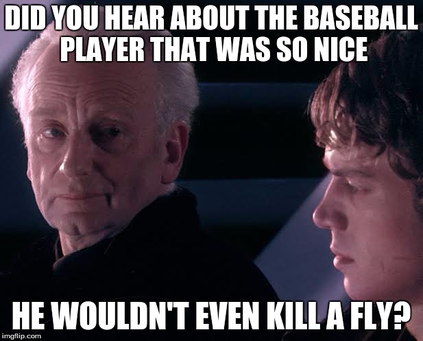 Did you hear the tragedy of Darth Plagueis the wise | DID YOU HEAR ABOUT THE BASEBALL PLAYER THAT WAS SO NICE; HE WOULDN'T EVEN KILL A FLY? | image tagged in did you hear the tragedy of darth plagueis the wise | made w/ Imgflip meme maker