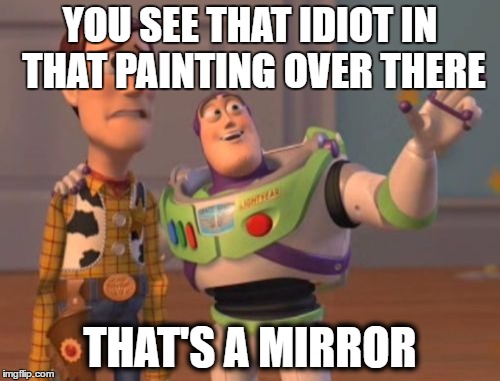 X, X Everywhere Meme | YOU SEE THAT IDIOT IN THAT PAINTING OVER THERE; THAT'S A MIRROR | image tagged in memes,x x everywhere | made w/ Imgflip meme maker