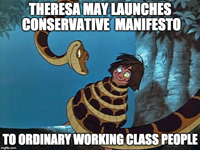 THERESA MAY LAUNCHES CONSERVATIVE  MANIFESTO; TO ORDINARY WORKING CLASS PEOPLE | image tagged in kaa | made w/ Imgflip meme maker