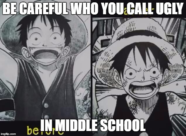 BE CAREFUL WHO YOU CALL UGLY; IN MIDDLE SCHOOL | image tagged in anime,meme,pirate | made w/ Imgflip meme maker