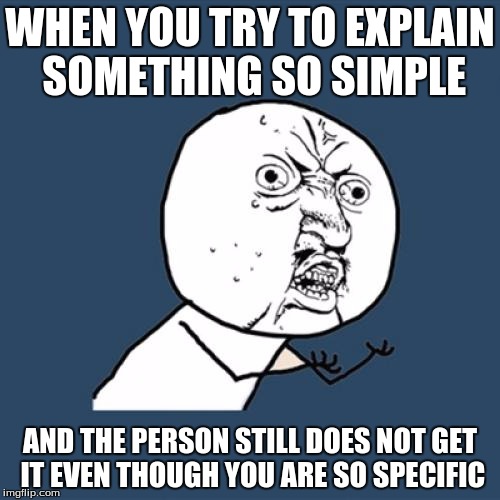 Y U No | WHEN YOU TRY TO EXPLAIN SOMETHING SO SIMPLE; AND THE PERSON STILL DOES NOT GET IT EVEN THOUGH YOU ARE SO SPECIFIC | image tagged in memes,y u no | made w/ Imgflip meme maker
