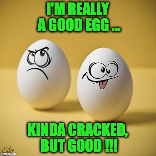 Really I Am 8-} | I'M REALLY A GOOD EGG ... KINDA CRACKED, BUT GOOD !!! | image tagged in a good egg - | made w/ Imgflip meme maker