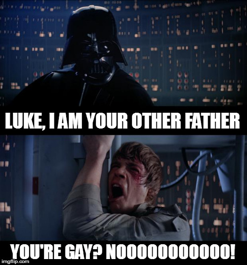 Star Wars No Meme | LUKE, I AM YOUR OTHER FATHER; YOU'RE GAY? NOOOOOOOOOOO! | image tagged in memes,star wars no | made w/ Imgflip meme maker