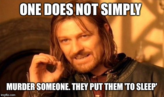 One Does Not Simply | ONE DOES NOT SIMPLY; MURDER SOMEONE. THEY PUT THEM 'TO SLEEP' | image tagged in memes,one does not simply | made w/ Imgflip meme maker
