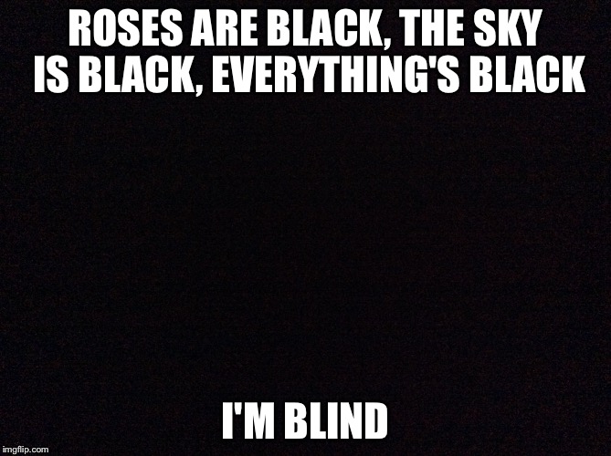 ROSES ARE BLACK,
THE SKY IS BLACK,
EVERYTHING'S BLACK; I'M BLIND | image tagged in black,memes | made w/ Imgflip meme maker