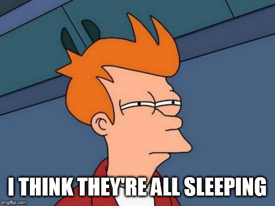 Futurama Fry Meme | I THINK THEY'RE ALL SLEEPING | image tagged in memes,futurama fry | made w/ Imgflip meme maker