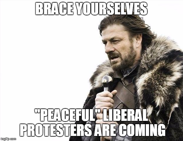 Brace Yourselves X is Coming | BRACE YOURSELVES; "PEACEFUL" LIBERAL PROTESTERS ARE COMING | image tagged in memes,brace yourselves x is coming | made w/ Imgflip meme maker