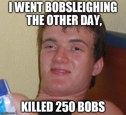 10 Guy | I WENT BOBSLEIGHING THE OTHER DAY, KILLED 250 BOBS | image tagged in memes,10 guy | made w/ Imgflip meme maker
