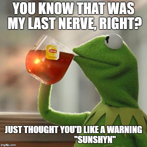 But That's None Of My Business Meme | YOU KNOW THAT WAS MY LAST NERVE, RIGHT? JUST THOUGHT YOU'D LIKE A WARNING    
                     "SUNSHYN" | image tagged in memes,but thats none of my business,kermit the frog | made w/ Imgflip meme maker