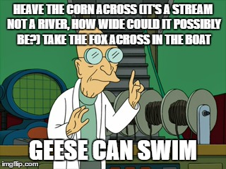 HEAVE THE CORN ACROSS (IT'S A STREAM NOT A RIVER, HOW WIDE COULD IT POSSIBLY BE?) TAKE THE FOX ACROSS IN THE BOAT GEESE CAN SWIM | made w/ Imgflip meme maker