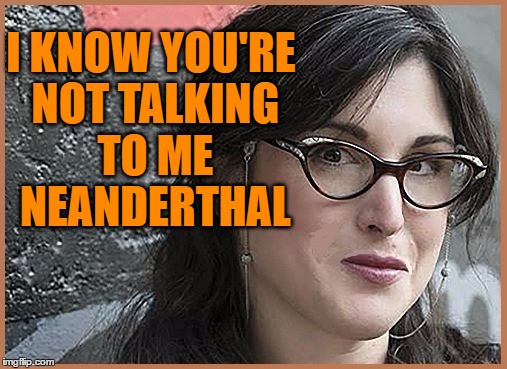 feminist Zeisler | I KNOW YOU'RE NOT TALKING TO ME NEANDERTHAL | image tagged in feminist zeisler | made w/ Imgflip meme maker