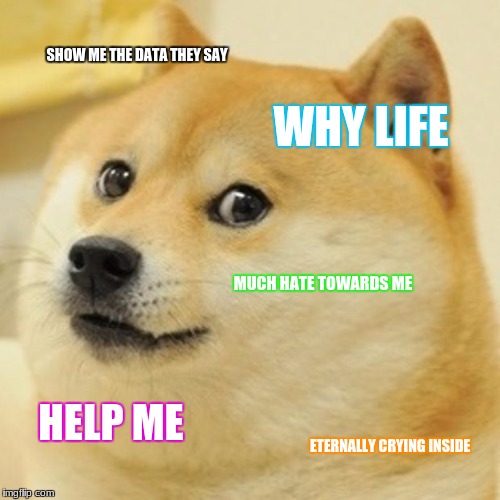 Doge | SHOW ME THE DATA THEY SAY; WHY LIFE; MUCH HATE TOWARDS ME; HELP ME; ETERNALLY CRYING INSIDE | image tagged in memes,doge | made w/ Imgflip meme maker
