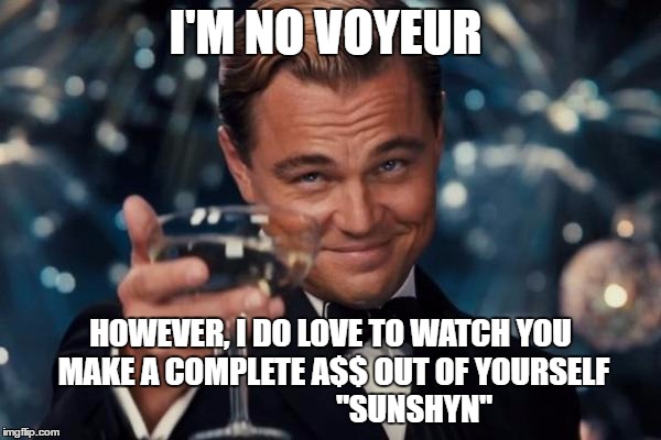 I Do Love to Watch | I'M NO VOYEUR; HOWEVER, I DO LOVE TO WATCH YOU MAKE A COMPLETE A$$ OUT OF YOURSELF          
                "SUNSHYN" | image tagged in memes,leonardo dicaprio cheers,love,watch,complete,ass | made w/ Imgflip meme maker