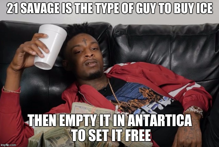 21 Savage | 21 SAVAGE IS THE TYPE OF GUY TO BUY ICE; THEN EMPTY IT IN ANTARTICA TO SET IT FREE | image tagged in 21 savage | made w/ Imgflip meme maker