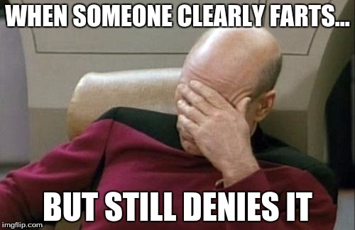 Captain Picard Facepalm | WHEN SOMEONE CLEARLY FARTS... BUT STILL DENIES IT | image tagged in memes,captain picard facepalm | made w/ Imgflip meme maker