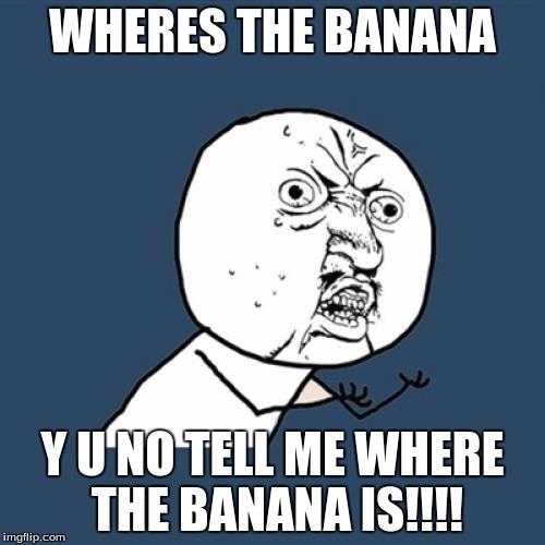 Y U No Meme | WHERES THE BANANA; Y U NO TELL ME WHERE THE BANANA IS!!!! | image tagged in memes,y u no | made w/ Imgflip meme maker