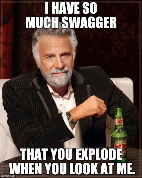 The Most Interesting Man In The World Meme | I HAVE SO MUCH SWAGGER; THAT YOU EXPLODE WHEN YOU LOOK AT ME. | image tagged in memes,the most interesting man in the world | made w/ Imgflip meme maker