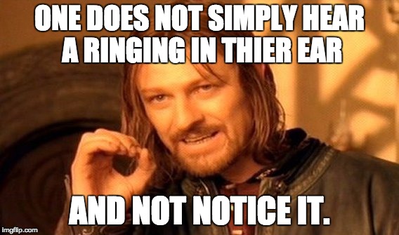One Does Not Simply | ONE DOES NOT SIMPLY HEAR A RINGING IN THIER EAR; AND NOT NOTICE IT. | image tagged in memes,one does not simply | made w/ Imgflip meme maker