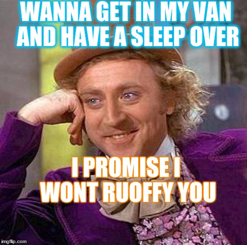 Creepy Condescending Wonka Meme | WANNA GET IN MY VAN AND HAVE A SLEEP OVER; I PROMISE I WONT RUOFFY YOU | image tagged in memes,creepy condescending wonka | made w/ Imgflip meme maker