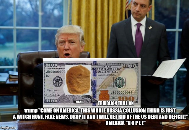 trump 100 tribblion trillion dollars | trump "COME ON AMERICA, THIS WHOLE RUSSIA COLLUSION THING IS JUST A WITCH HUNT, FAKE NEWS, DROP IT AND I WILL GET RID OF THE US DEBT AND DEFICIT!"                                                       AMERICA "N O P E !" | image tagged in donald trump hair,trump hair,tribble,billions,dollars,money in politics | made w/ Imgflip meme maker