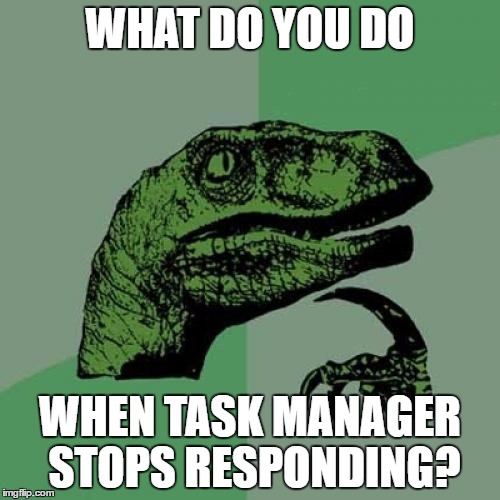 Philosoraptor | WHAT DO YOU DO; WHEN TASK MANAGER STOPS RESPONDING? | image tagged in memes,philosoraptor | made w/ Imgflip meme maker