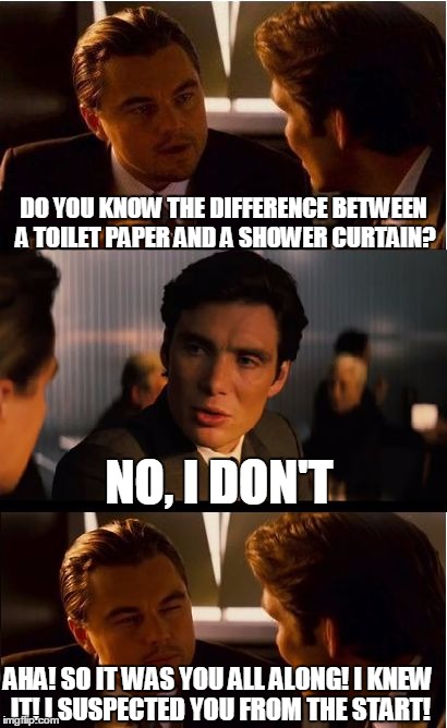This joke is sure to get your roommate EVERY. DAMN. TIME. | DO YOU KNOW THE DIFFERENCE BETWEEN A TOILET PAPER AND A SHOWER CURTAIN? NO, I DON'T; AHA! SO IT WAS YOU ALL ALONG! I KNEW IT! I SUSPECTED YOU FROM THE START! | image tagged in memes,inception | made w/ Imgflip meme maker