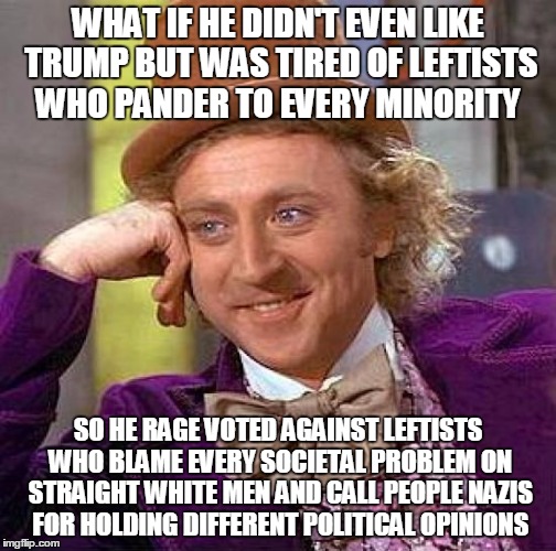 Creepy Condescending Wonka Meme | WHAT IF HE DIDN'T EVEN LIKE TRUMP BUT WAS TIRED OF LEFTISTS WHO PANDER TO EVERY MINORITY SO HE RAGE VOTED AGAINST LEFTISTS WHO BLAME EVERY S | image tagged in memes,creepy condescending wonka | made w/ Imgflip meme maker