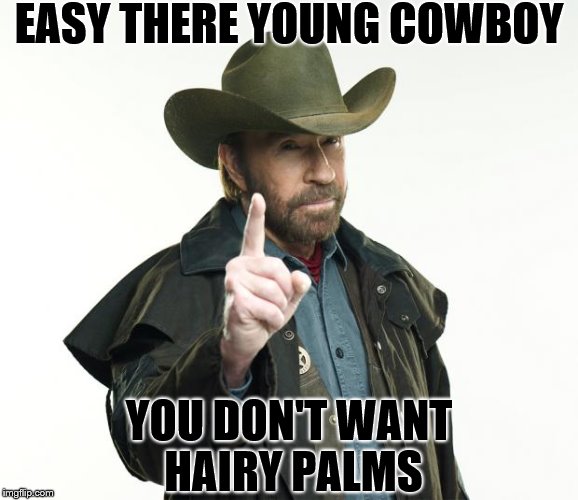 Chuck Norris Finger Meme | EASY THERE YOUNG COWBOY; YOU DON'T WANT HAIRY PALMS | image tagged in memes,chuck norris finger,chuck norris | made w/ Imgflip meme maker
